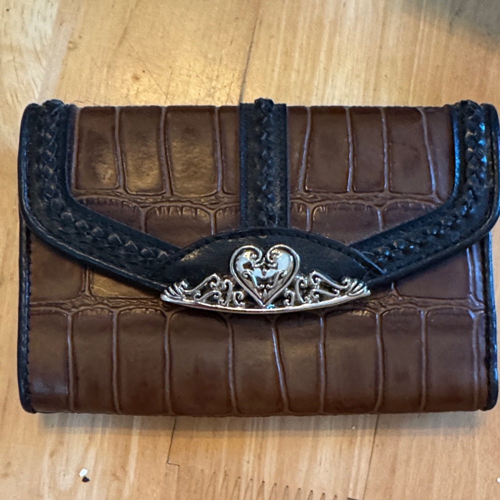 Brighton Brown Croc-Embossed Trifold Wallet with Black Trim